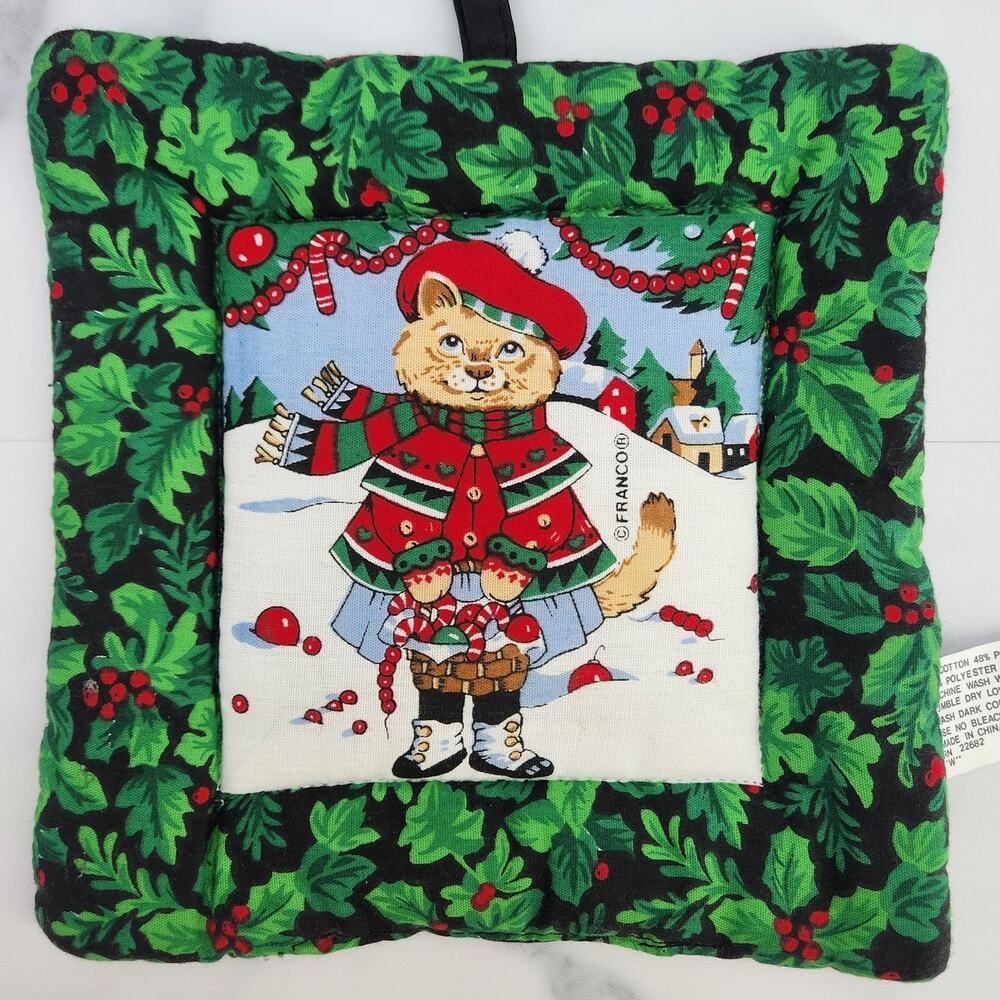 Vintage Potholder Christmas Scottish Cat Franco 7" X 7" Winter Scene Holidays